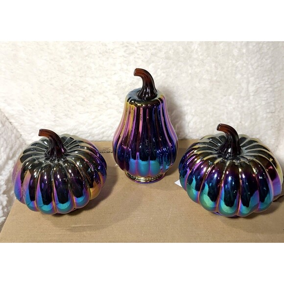 Set of 3 Dark Iridescent Glass Pumpkins Target Halloween - NEW - Picture 5 of 5
